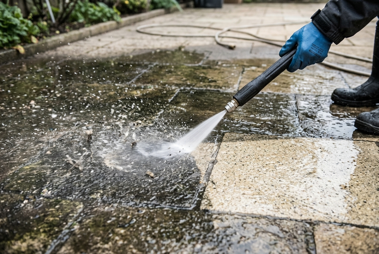 High-pressure power washing of outdoor stone patio pavers
